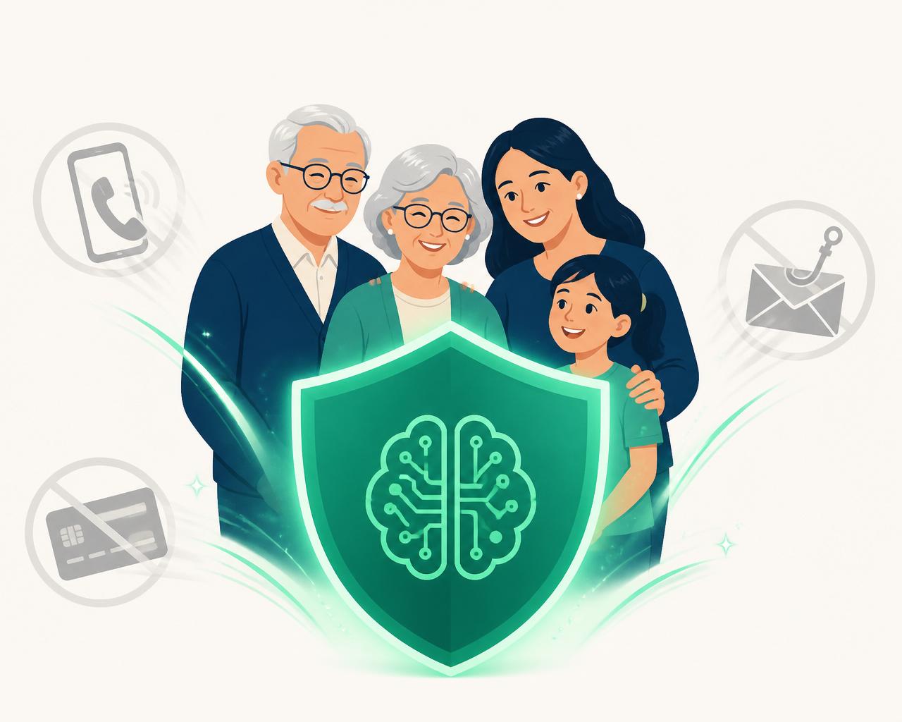 Shieldly shield protecting a smiling grandparents, parent, and grandchild from scam calls, phishing emails, and card fraud